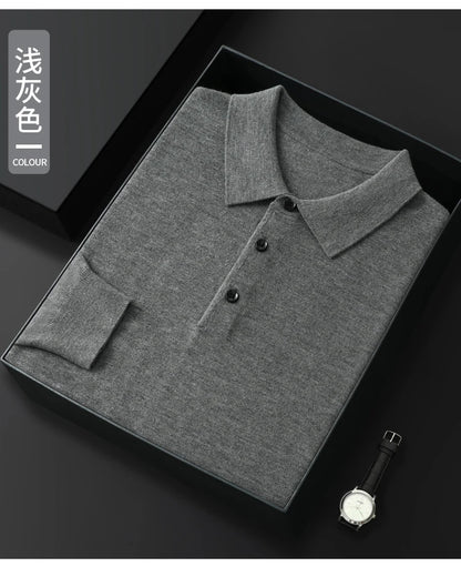 Spring Autumn Men Shirt  Merino Worsted Wool Knitted Pullover Long Sleeve Polo-Collar Clothing Tops Smart Casual Thin Outerwears