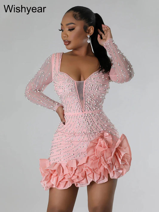 Formal attire Dresses: Evening Rhinestone Pearls Bodycon Ruffle Mini Dress