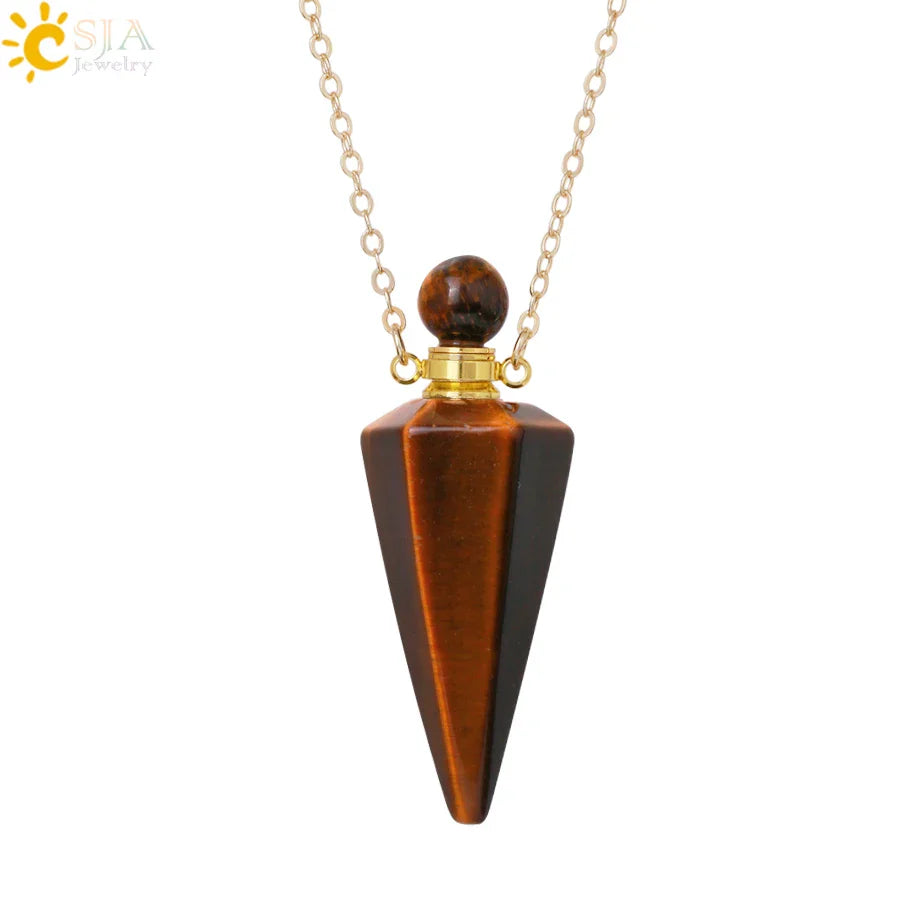 Natural Stone Cone Perfume Bottle necklace Healing Clear Quartz Crystal Pendant Reiki Essentials Oil Diffuser Vial Necklace H119
