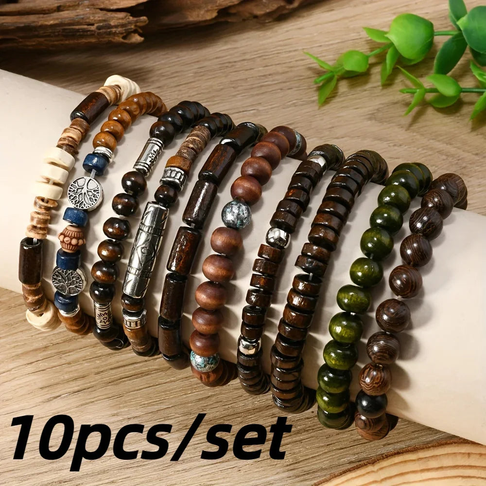 10PCS Bohemia Ethnic Beaded Bracelets For Men Vintage Multi Layer Wooden Beads Life Tree Beaded Bracelets Accessory Gifts Party