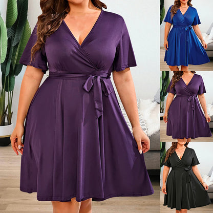 Women Summer Solid Short Sleeve V-Neck A-Line Dress Plus Size Ladies Jersey Casual Elegant Sundress Clothing 2024