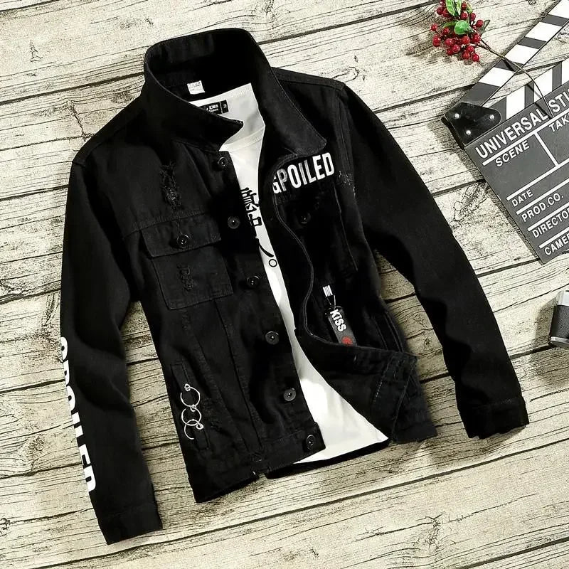 Denim Jackets Man Punk Ripped Jeans Coat for Men Slim Fit with Print Hole Winter