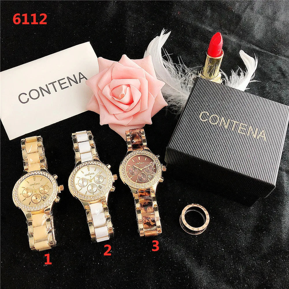 CONTENA Brand Women's Watch Top Luxury Crystal Rose Gold Watches for Women Quartz Wristwatch Bracelet Fashion Clock Montre Femme