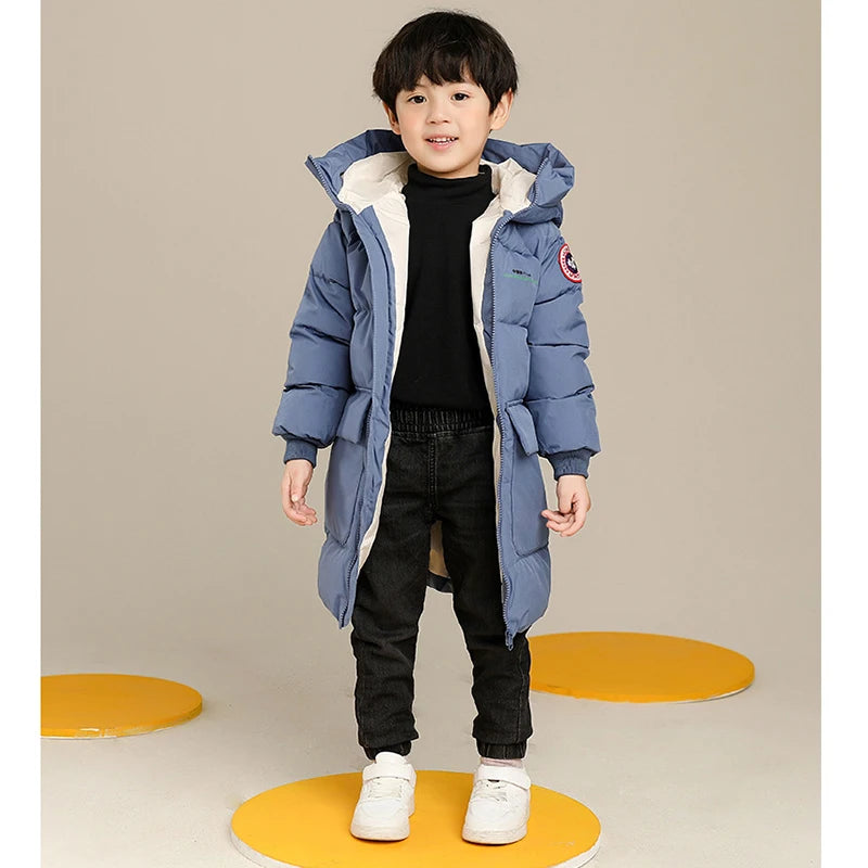 2-10 Years Autumn Winter Boys Jacket Solid Color Long Style Keep Warm Hooded Coat