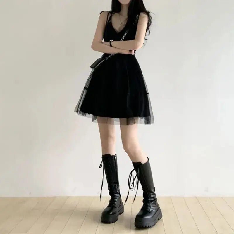 REALEFT Summer Y2k Black Mesh Women's Ball Gown Dresses 2025 New Sleeveless Strapless V-neck Party Sexy Mini Dress for Womens