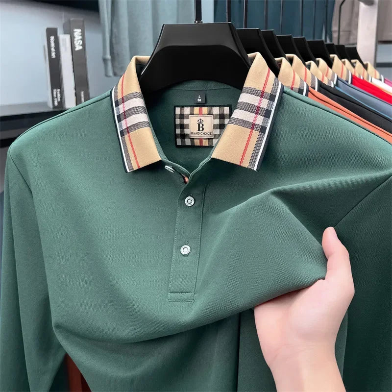 Men's Plaid Long Sleeve Polo Shirt Autumn Winter Casual Office Outdoor Fashion Top Commercial Collar Trendy Men's Clothing