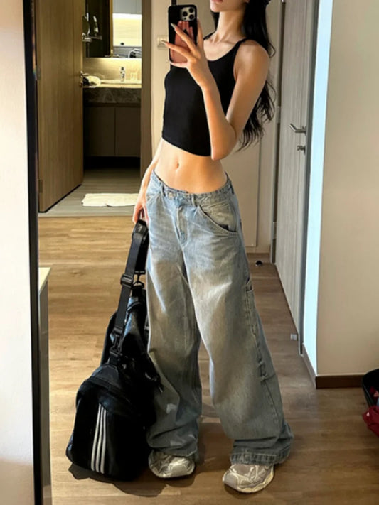 Fashion Blue Casual Wide Leg Jeans Oversized High Waisted Vintage Wash Loose Straight