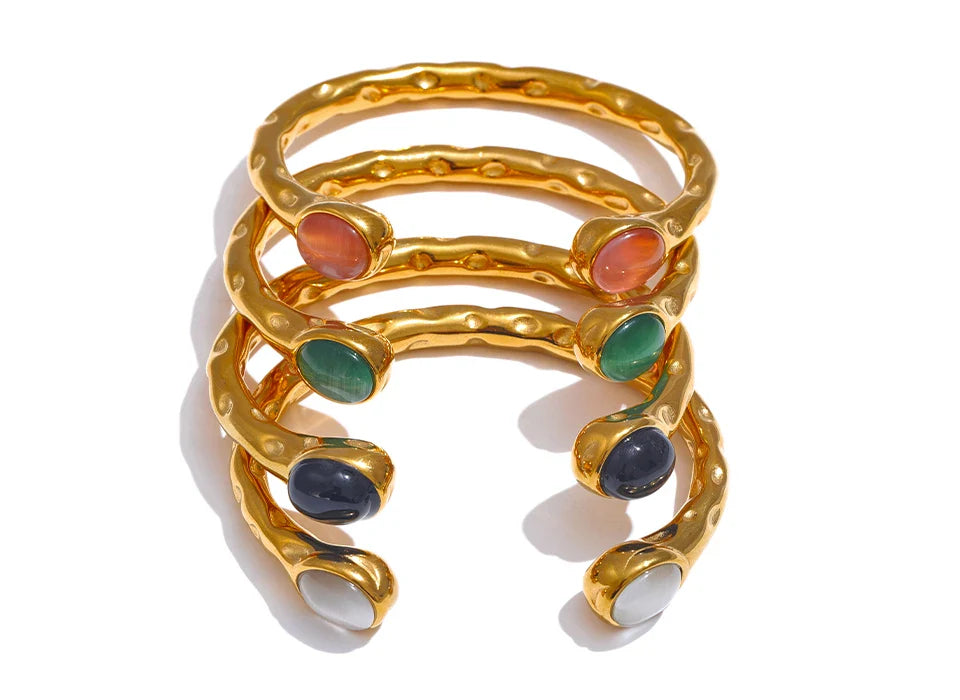 Yhpup 62mm High Quality Stainless Steel Multicolored Natural Stone Golden Cuff Open Bracelet Bangle Water Resistant Jewelry