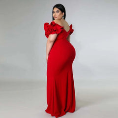 Plus Size Evening Dress Elegant Lady Ruffle Red Black Backless Large Sizes Women