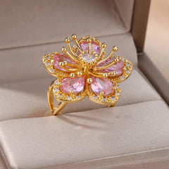 Pink Zircon Flower Rings for Women Gold Color Stainless Steel Ring 2024 Trend Elegant