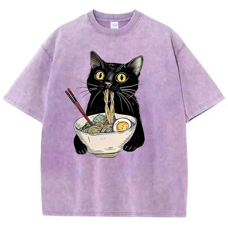 Unisex Hip Hop T Shirt Vintage Washed 100% Cotton T-Shirt Black Retro Cat Eating Ramen Graphic Tee Casual Streetwear