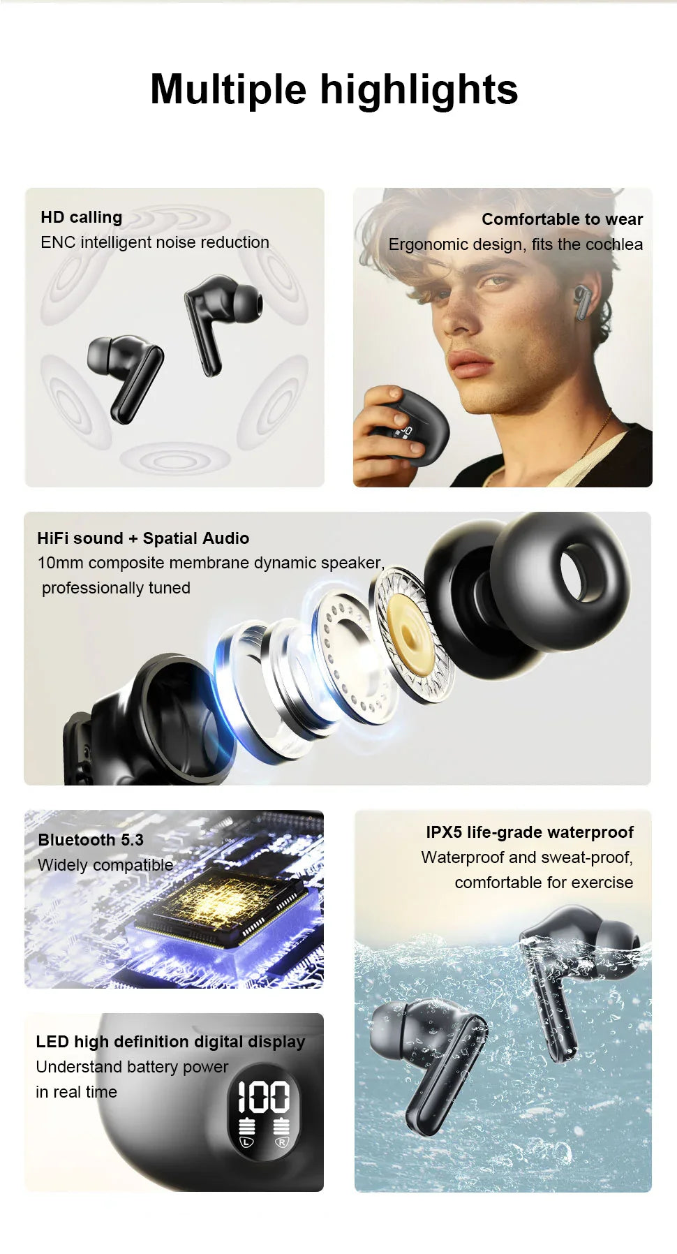 Bluetooth Earphones Wireless Headphone ENC-Calling Noise Cancelling Headset HiFi Stereo Handsfree Earphone HS510 Pro For Xiaomi
