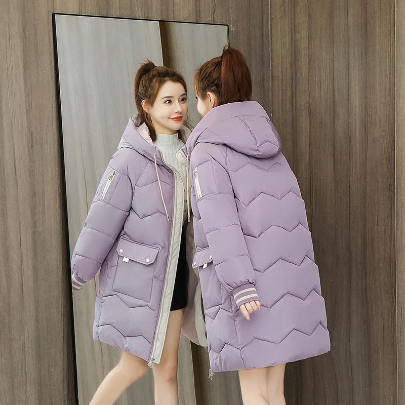 Women Winter Coat Mid-length Cotton Padded Parkas Hooded Warm Thicken