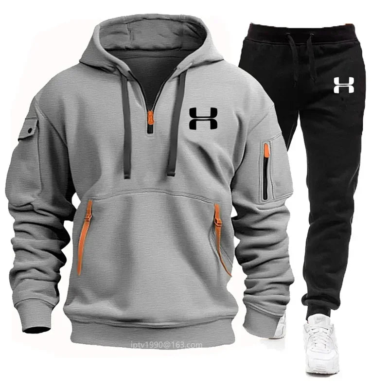 Men's autumn and winter new zipper long sleeved hooded sweatshirt, sports and casual pants, two-piece fitness jogging suit