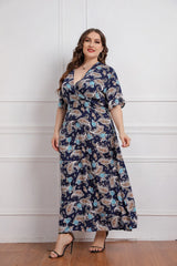 Plus Size Floral Print Short Sleeve Bohemian Summer Viscose Dresses For Women