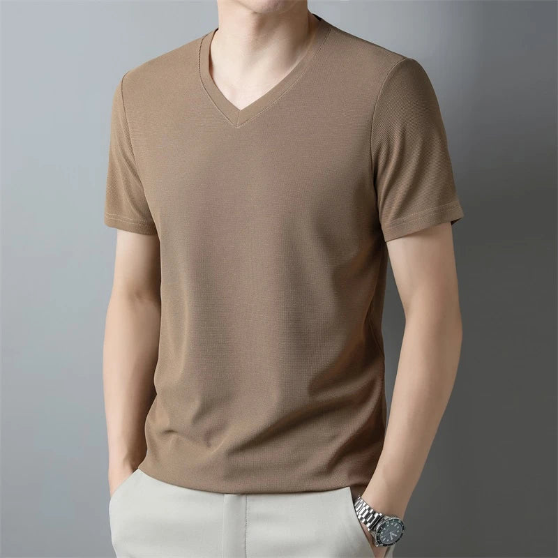 2024 Men's New Waffle V Neck Short Sleeved T-shirt Summer Comfortable Top