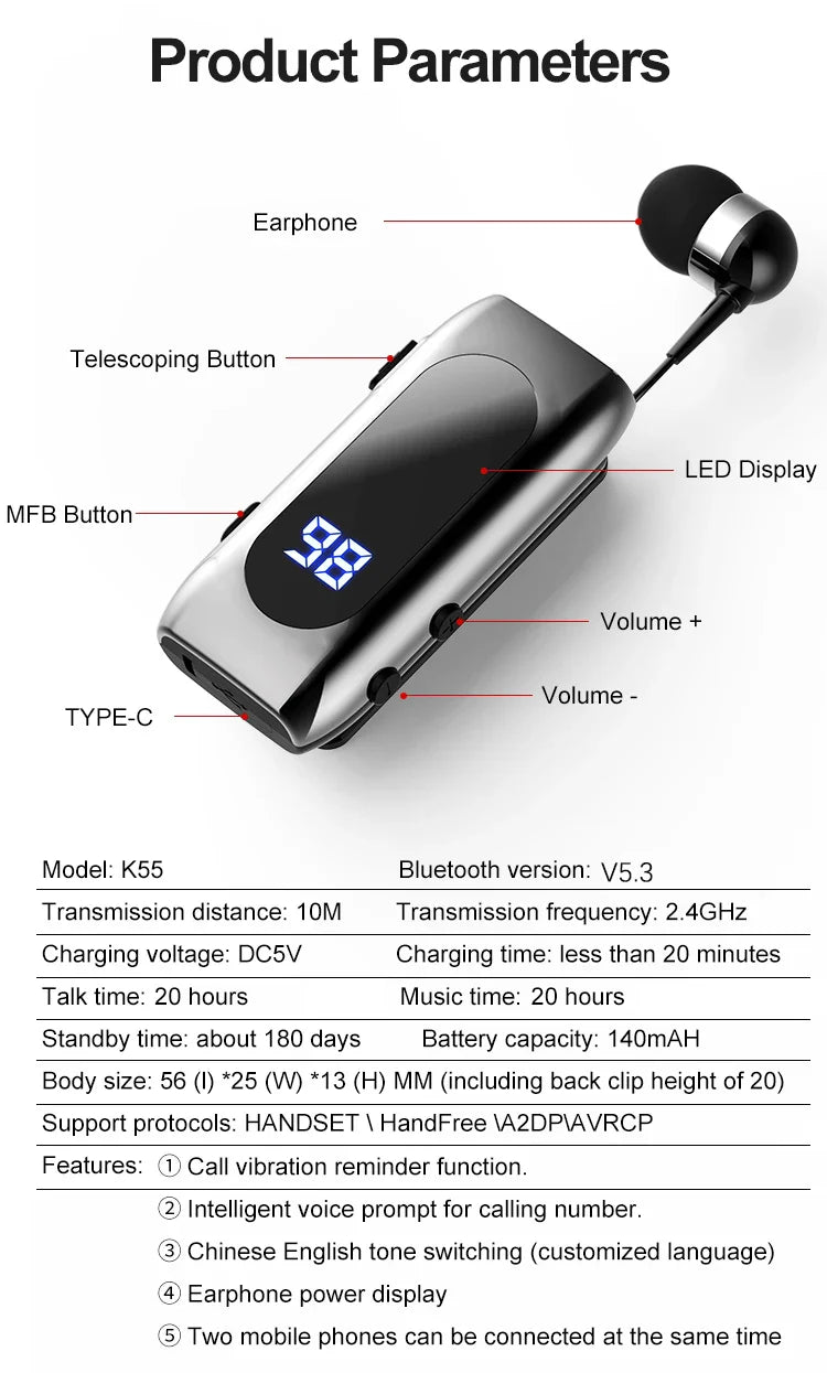 New K88 Lavalier Business Headset Bluetooth 5.4 Bass Earphone Call Vibration Reminder+Voice Number Reporting Wireless Headphone