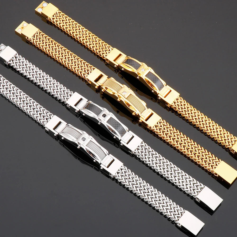 Luxury Bracelet for Men Gold Color 12MM Wide Stainless Steel Square Franco Link Chain Men's Wrist Bracelets With Magnet Clasp