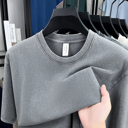 American Style Retro Heavyweight Solid Color Short Sleeved T-shirt Men Women Summer Street Trendy Washed Old Oversized Clothes