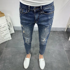 Men's Korean Style Classic Jeans Blue Ripped Jeans for Men Fashion Trendy