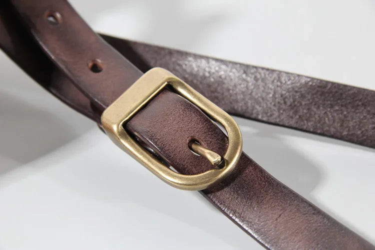 Retro Narrow Cowhide Women's Belt Pure Copper Button Top Cowhide All-match Casual Jeans Belt High Quality Luxury Women Belt