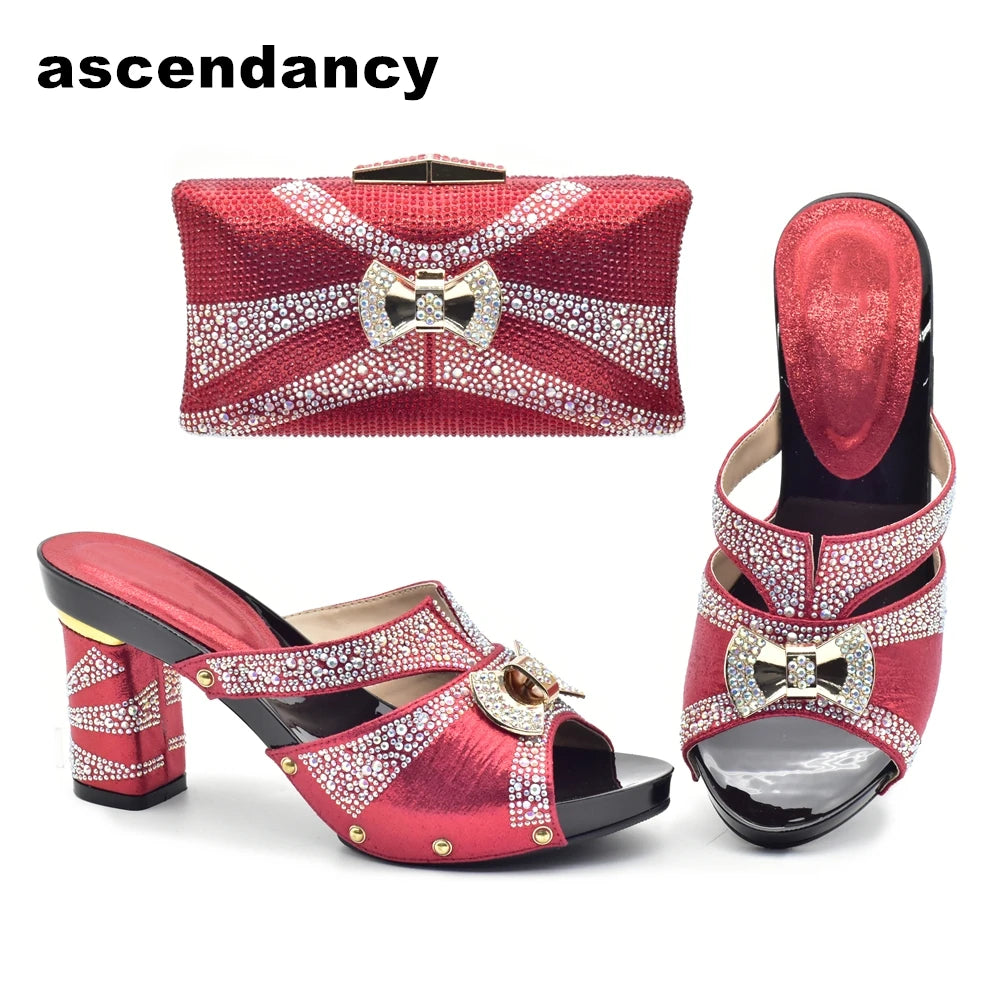 Latest Red Color Italian Ladies Shoes and Bag Sets Decorated with Rhinestone African Matching Shoes and Bags Italian In Women