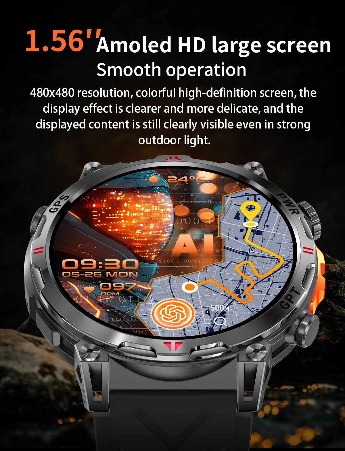 2025New Military GPS Sport Smartwatch Men 650mAh AMOLED Screen Compass Altimeter 10ATM Waterproof Heart Rate Wireless Call Clock