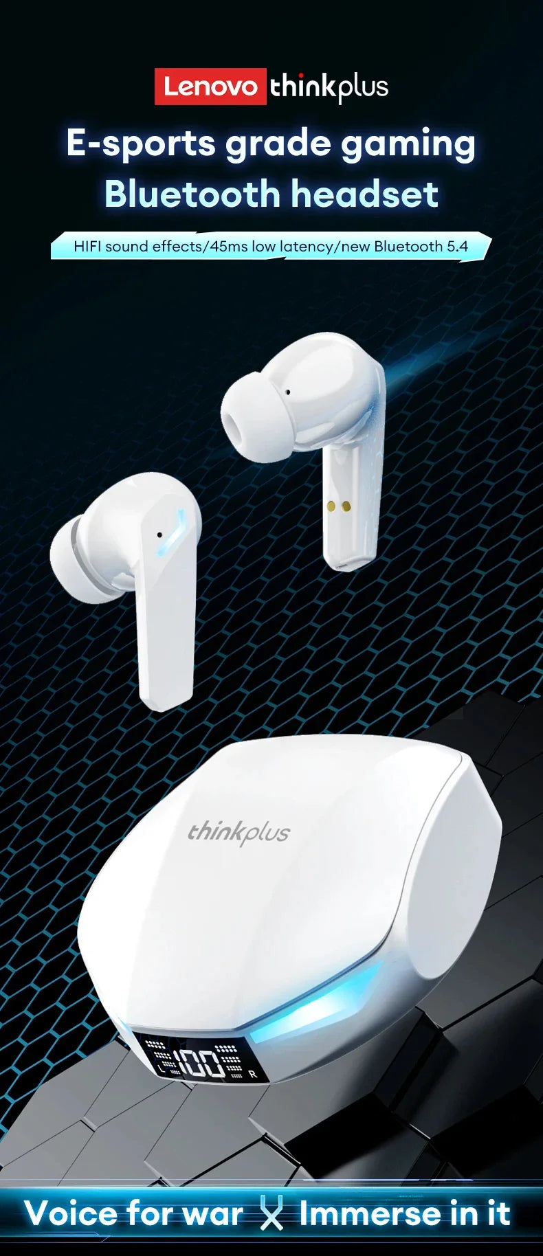 Original Lenovo XT53 Bluetooth V5.4 Earphones LED Power Display Gaming Headphones Waterproof Anti-sweat Upgraded Wireless Earbud