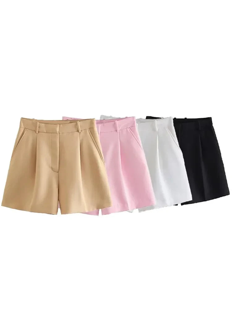 HXAO Female Shorts Black Pink Shorts Woman Summer 2024 Pleated Baggy White Shorts For Women Casual High Waist Short Pants