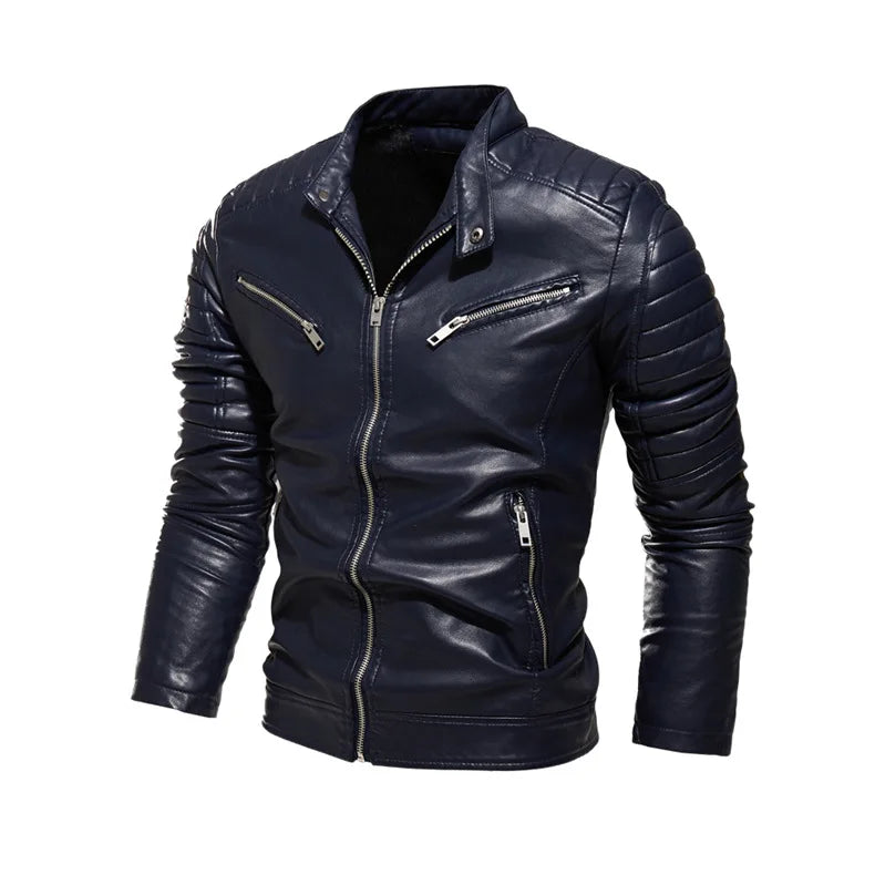 Winter Black Leather Jacket Men Fur Lined Warm Motorcycle Jacket Slim Street