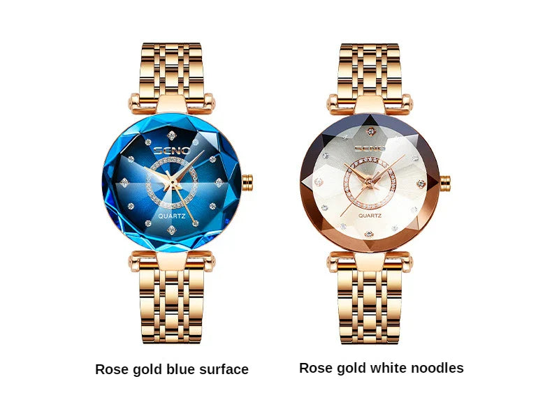 SENO Ocean Star Women Crystal Watch 2025 Top Brand Luxury Rose Gold Women Bracelet Watch For Ladies Wrist Watch Relogio Feminino