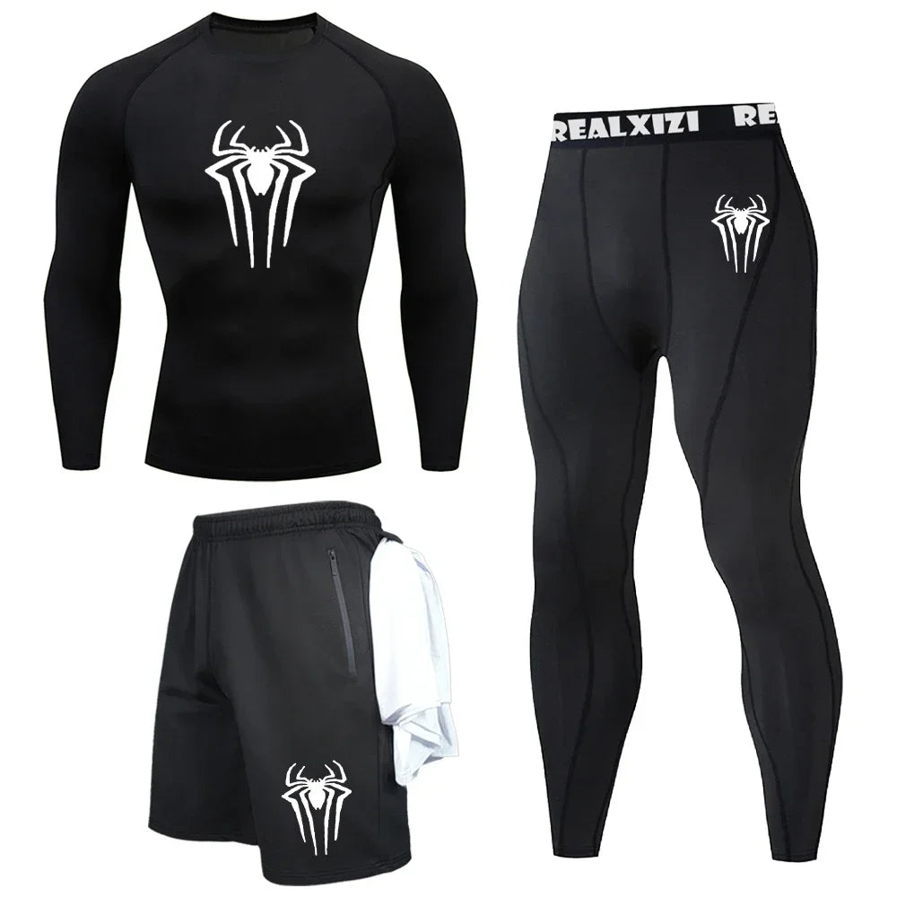 Bat Graphic Print Long Sleeve Set Men's Compression T-Shirt Shorts Pants Suit 3 Piece Set Spring Summer Gym Fitness Sportswear