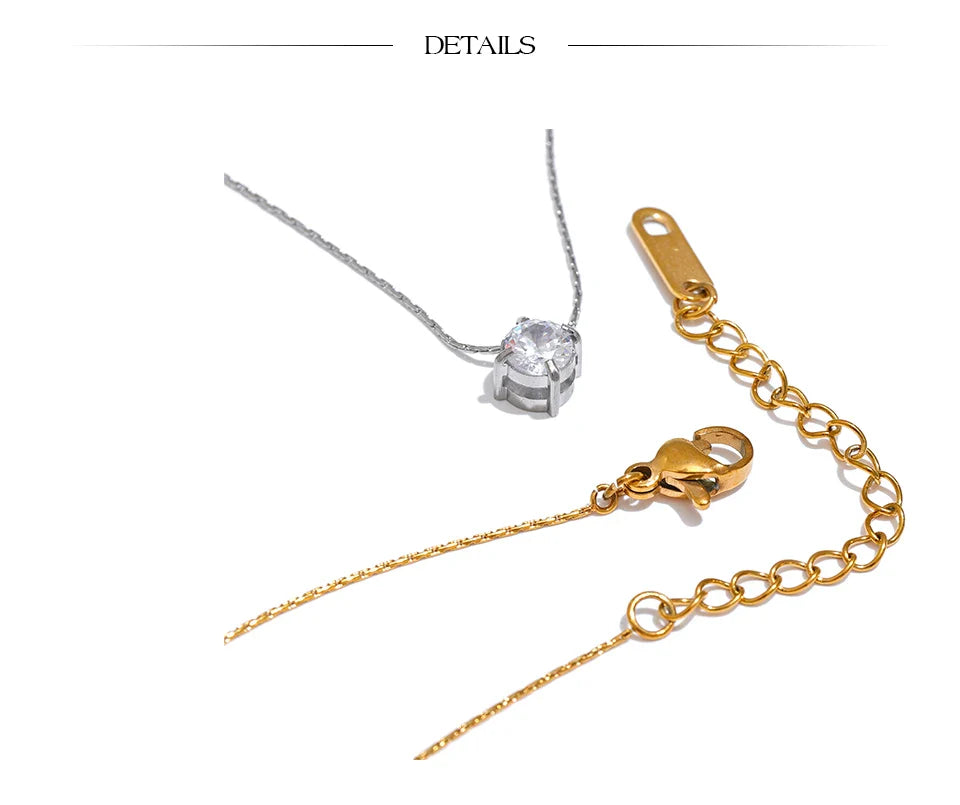 Yhpup Korean Chic Stainless Steel Shiny Cubic Zirconia Cast Delicate Necklace Pendant for Women Daily Waterproof Basic Jewelry