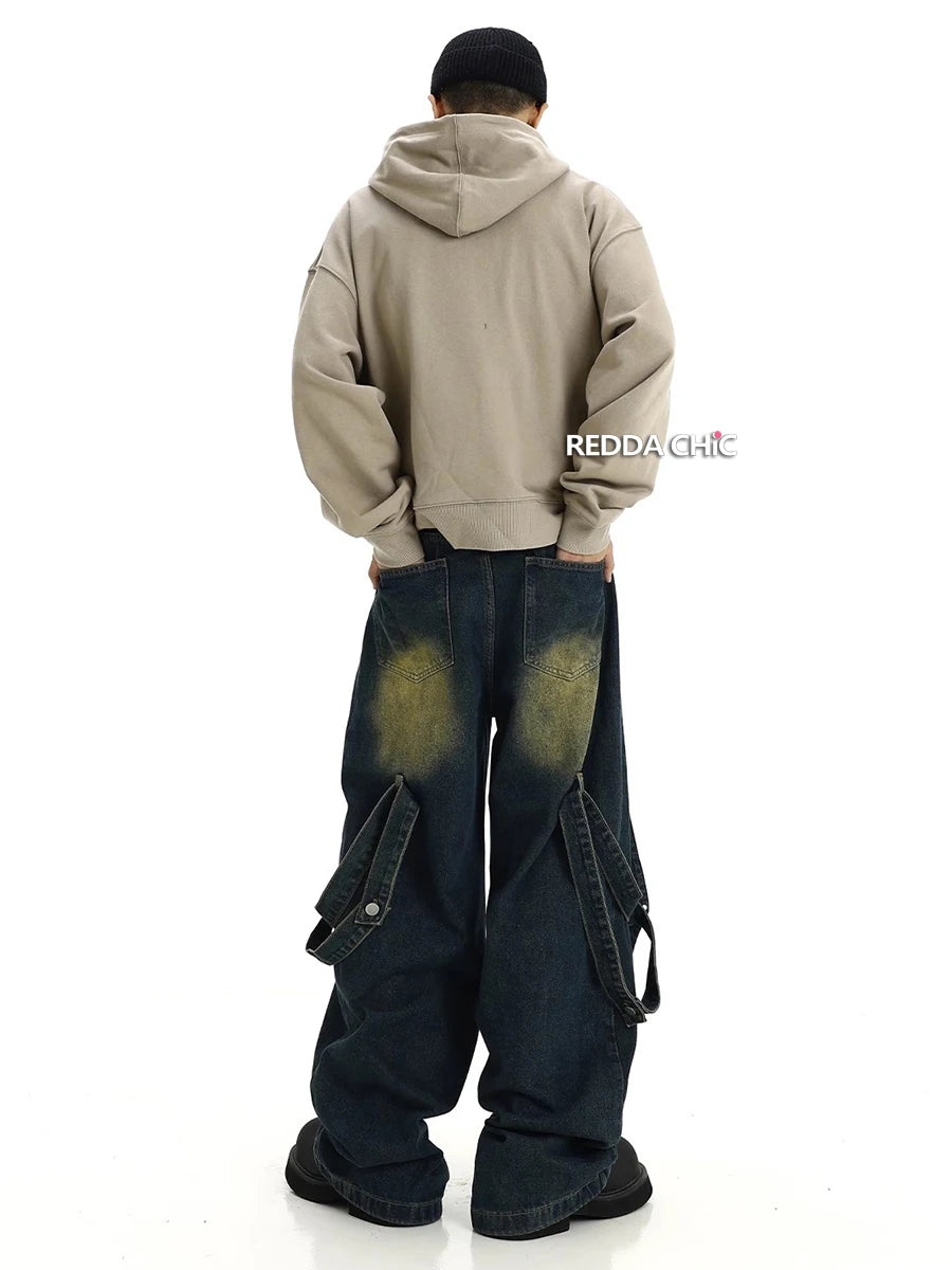 Belt Deconstructed Baggy Jeans Men Vintage Wash Destroyed Frayed
