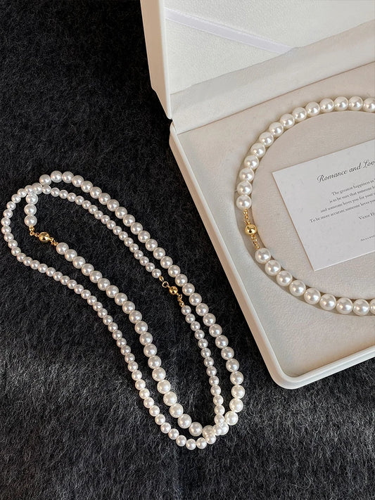 Girl’s Imitation White Pearl Magnetic Round Buckle Beads Chain Necklace