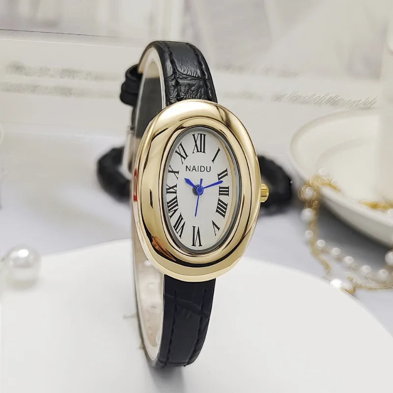 Luxury Women Vintage Oval Goose Egg Quartz Watch Leather Strap Wristwatch Dress Ladies Watches Christmas Gift Clock Relojes