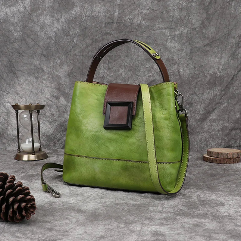 Women's Bag Retro Genuine Leather Shoulder Bags Handmade Women Bucket Bag
