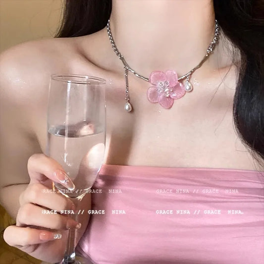Romantic Niche Pink Sweet Flower Collarbone Chain Versatile Temperament Necklace Women's Pearl Fringe Collarbone Chain