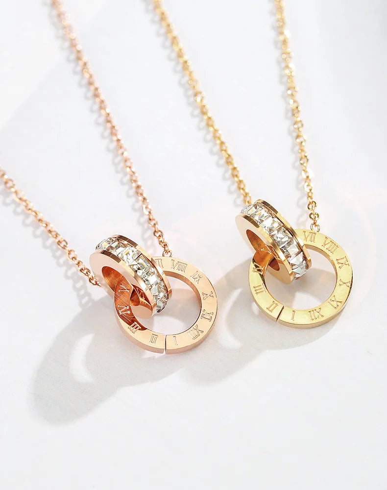 18K Gold Plated Stainless Steel Interlocking Circles Infinity Style Roman Numbers Wedding Statement Collar Necklace For Women