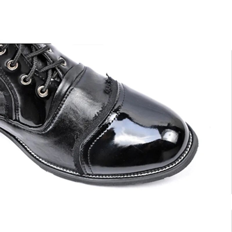 Gothic Punk Cosplay Dance Boots for Men Mid Leg Patent Leather Short Military Boots