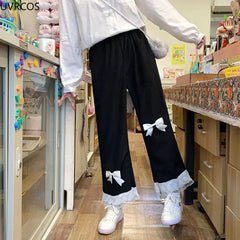 Women's Kawaii High Waist Corduroy Pants Sweet Bow Lace