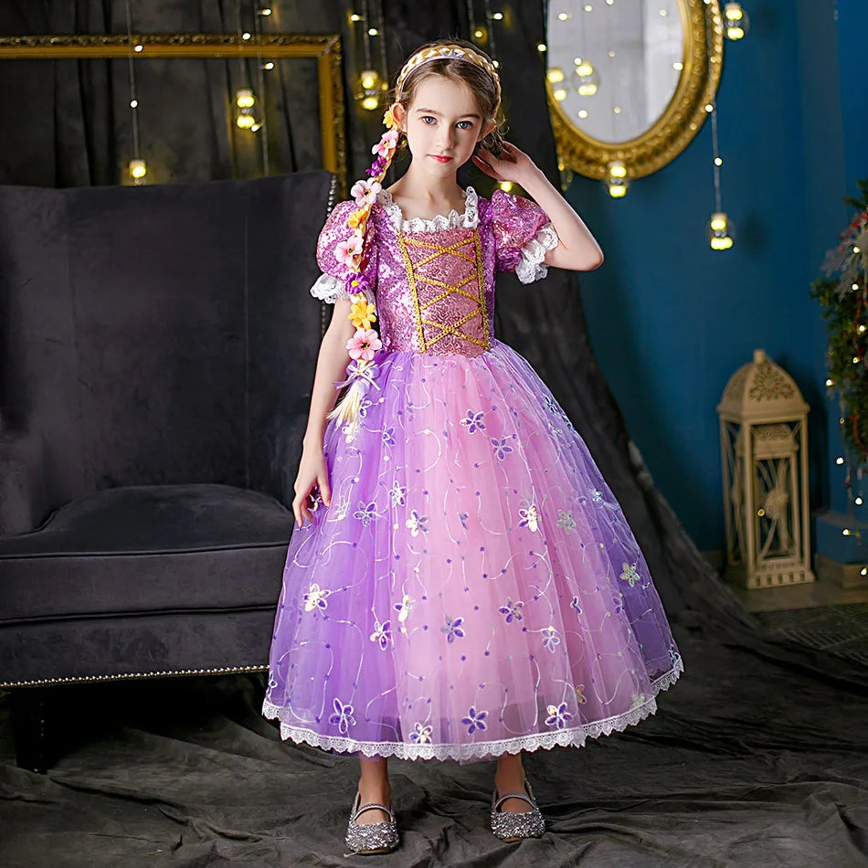 Children Halloween Costume Little Girls Rapunzel Costume Sequins Purple Dress