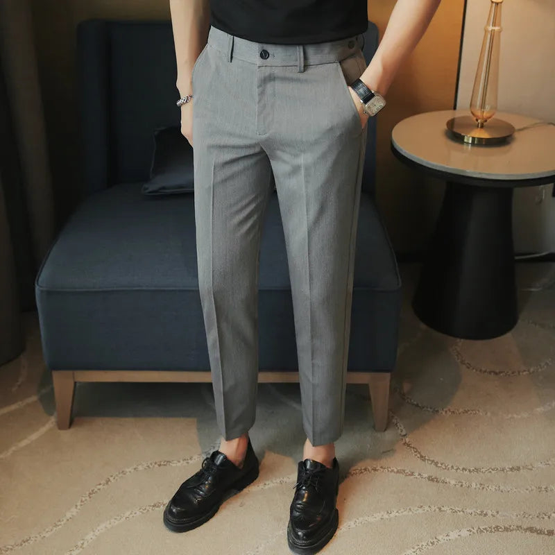 Men's Formal Trousers Belt Design Man Dress Pants Simple Slim Fit