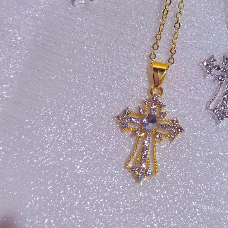 Gothic Big Zircon Cross Necklace Unisex Y2K Irregular Goth Large Cross Pendant Necklaces  for Men Women Couple Necklace Jewelry