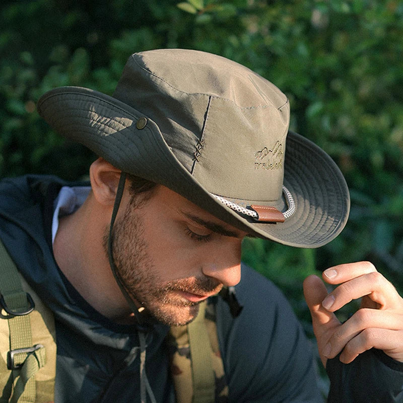 Men Bucket Hat Letter Embroidery Leather Label Cowboy Hat Waterproof Outdoor