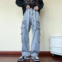 Men Cargo Jeans Wide Leg Pants Multiple Pockets Baggy Denim Trousers Hip Hop