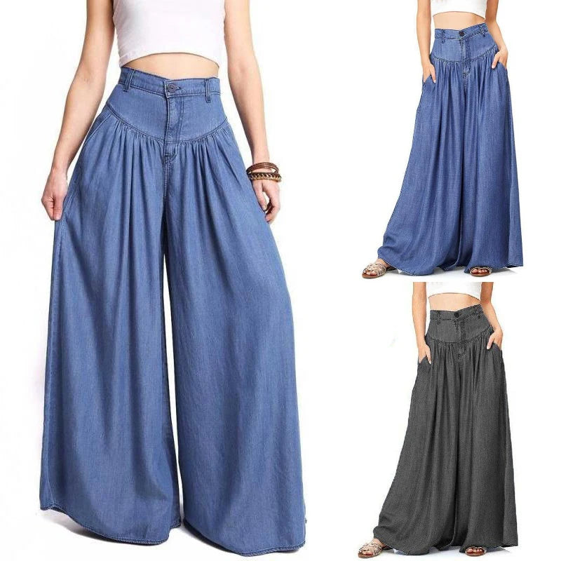 Women's Casual Cotton Linen Jeans Fashion Solid Colour Wide-leg Pants Ladies