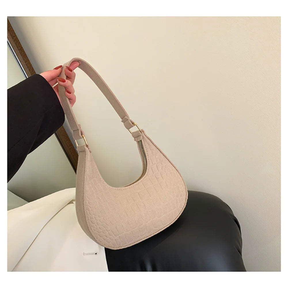 Brand Women Retro Underarm Bag Felt Solid Color Shoulder Bag Casual Purse