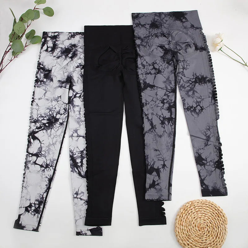 Tie Dye Yoga Pants Hollow Seamless Sport Leggings for Women
