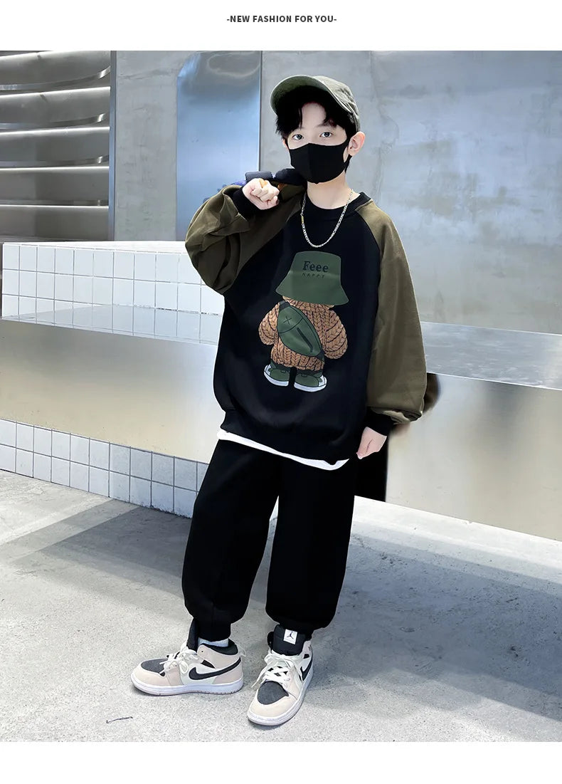 Spring Autumn Boys Patchwork Cartoon Sweatshirt+Sweatpant Workout Set School Kids 2PCS Tracksuit Children Jogging Outfit 5-16 Yr